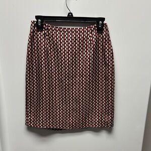 Ann Taylor Burgundy and Cream Silk Patterned Pencil Skirt